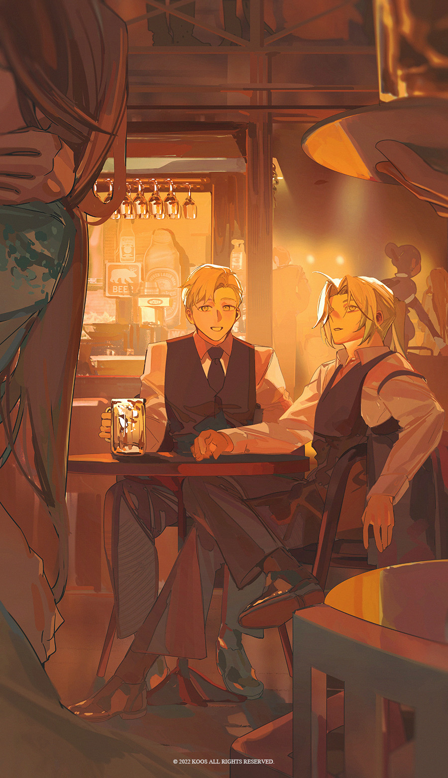 3boys 3girls alphonse_elric bangs beer_mug black_footwear black_jacket black_necktie black_pants black_vest brothers collared_shirt crossed_legs cup drinking_glass edward_elric fullmetal_alchemist hair_behind_ear highres holding holding_cup indoors jacket k00s male_focus mug multiple_boys multiple_girls necktie pants parted_bangs parted_lips ponytail shirt siblings sitting smile vest white_shirt wine_glass