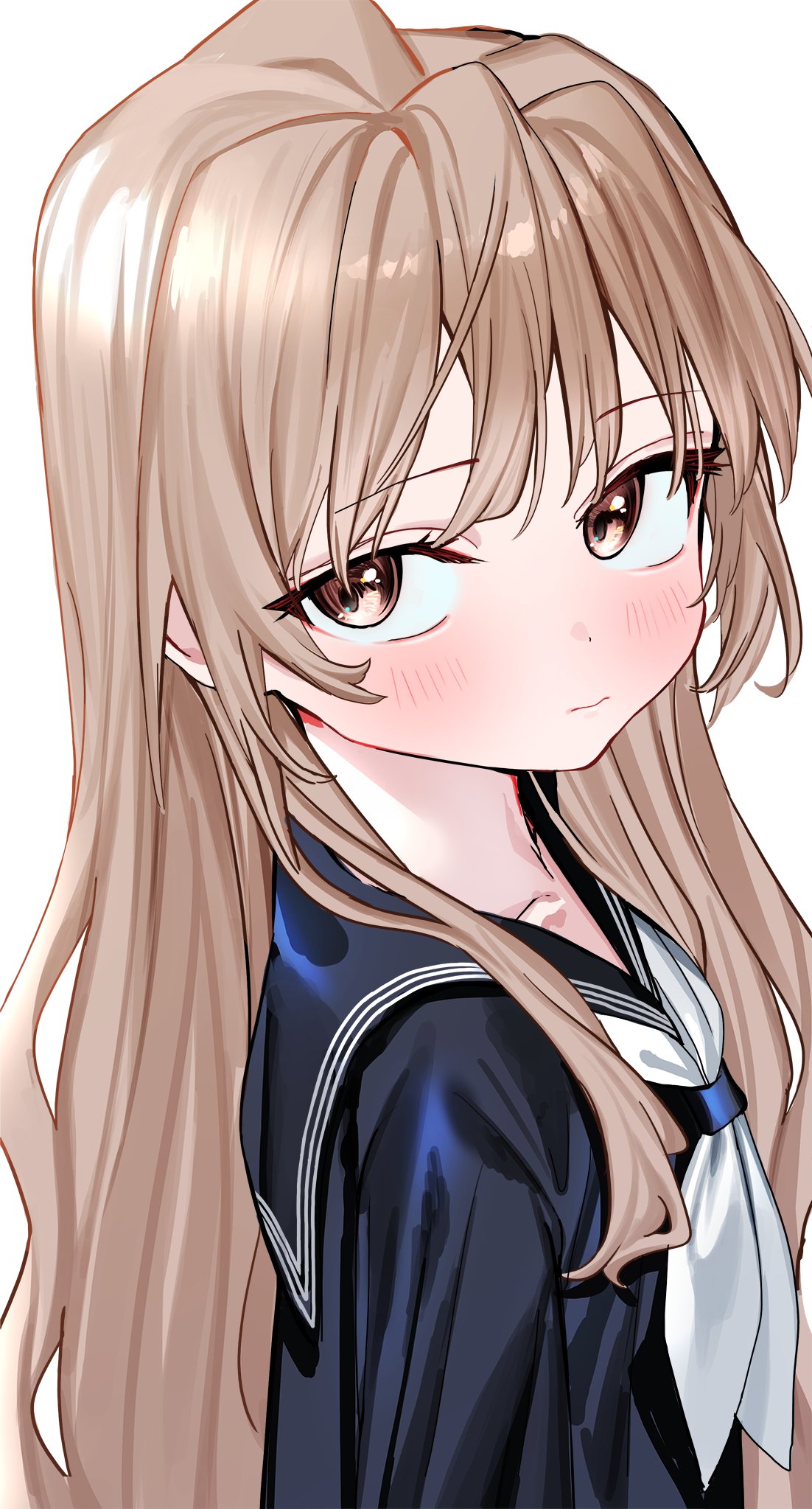1girl aisaka_taiga bangs black_sailor_collar blush brown_eyes closed_mouth commentary_request highres light_brown_hair long_hair looking_at_viewer luicent neckerchief oohashi_high_school_uniform sailor_collar school_uniform serafuku simple_background solo toradora! upper_body very_long_hair white_background white_neckerchief