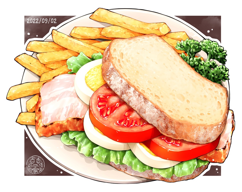 bacon bread bread_slice commentary_request egg egg_(food) food food_focus french_fries lettuce no_humans ooranokohaku original plate sandwich still_life tomato