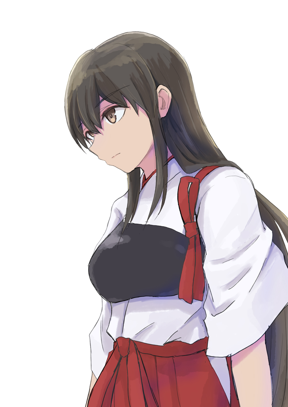 1girl akagi_(kancolle) arka brown_eyes hair_between_eyes hakama hakama_skirt highres hip_vent japanese_clothes kantai_collection long_hair muneate red_hakama sidelocks simple_background skirt solo straight_hair tasuki upper_body white_background