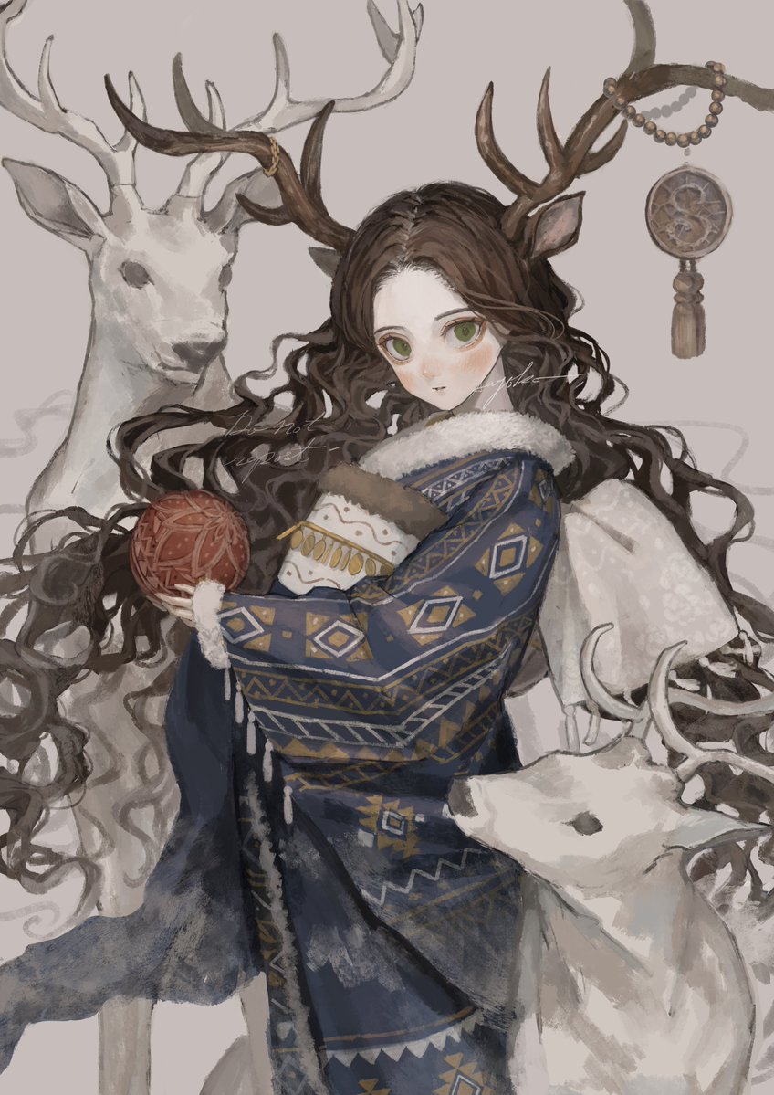 1girl animal_ears antlers ball blush brown_hair deer deer_ears fur_trim green_eyes japanese_clothes kimono looking_at_viewer original pale_skin sayoko_(sayosny2) solo wavy_hair winter