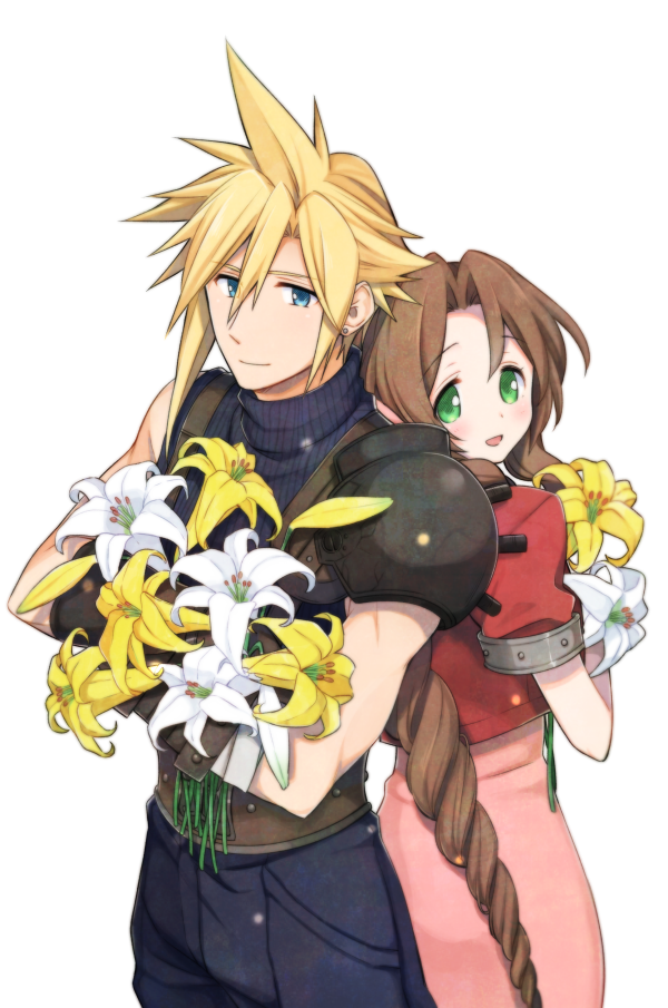 1boy 1girl aerith_gainsborough armor back-to-back bangs belt blonde_hair blue_eyes blue_pants blue_shirt bouquet braid braided_ponytail brown_hair cloud_strife couple cowboy_shot cropped_jacket dress earrings final_fantasy final_fantasy_vii flower green_eyes hair_between_eyes hair_ribbon holding holding_bouquet jacket jewelry krudears long_hair looking_at_viewer looking_back open_mouth pants parted_bangs pink_dress pink_ribbon puffy_short_sleeves puffy_sleeves red_jacket ribbon shirt short_hair short_sleeves shoulder_armor sidelocks single_earring sleeveless sleeveless_turtleneck smile spiky_hair suspenders turtleneck white_background white_flower yellow_flower