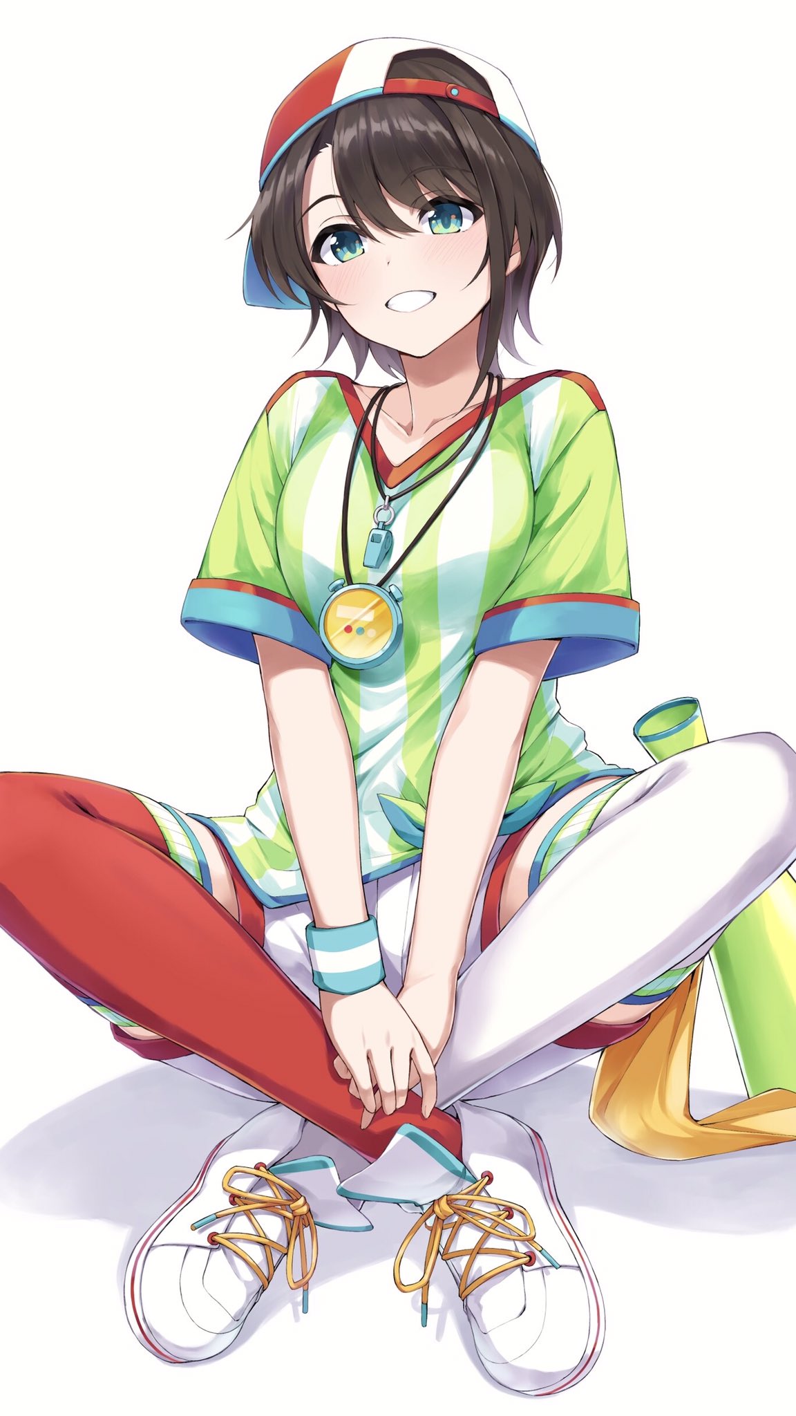1girl aqua_eyes asymmetrical_legwear backwards_hat bangs baseball_cap blush breast_squeeze breasts brown_hair collarbone commentary_request crossed_legs full_body green_shirt hat highres hololive jersey large_breasts legs looking_at_viewer marie_(pixiv31942978) medium_hair mismatched_legwear oozora_subaru oversized_clothes oversized_shirt parted_bangs red_thighhighs shadow shirt shoes short_sleeves shorts sitting sneakers solo sportswear stopwatch_around_neck striped striped_shirt swept_bangs teeth thigh-highs tied_shirt vertical-striped_shirt vertical_stripes virtual_youtuber whistle whistle_around_neck white_footwear white_shirt white_shorts white_thighhighs wide_sleeves