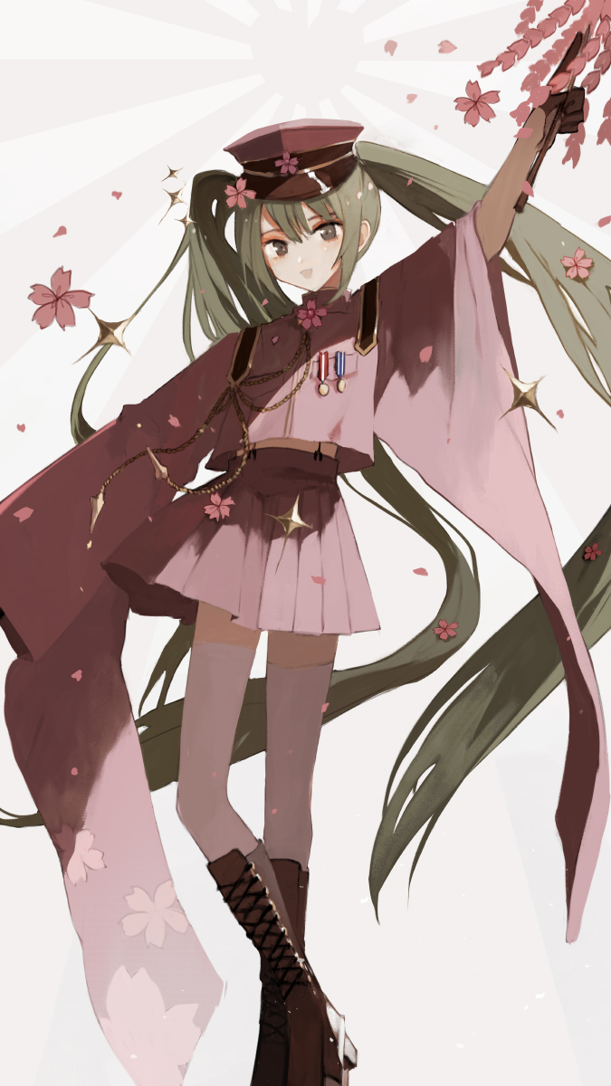 1girl arm_up asahiro blush boots brown_footwear collared_shirt falling_petals floral_print flower gold_trim green_eyes green_hair hatsune_miku highres holding holding_stick light_rays long_hair long_sleeves looking_at_viewer open_mouth petals pleated_skirt purple_shirt purple_skirt senbon-zakura_(vocaloid) senbonzakura shirt skirt smile solo standing stick sunburst sunlight twintails vocaloid