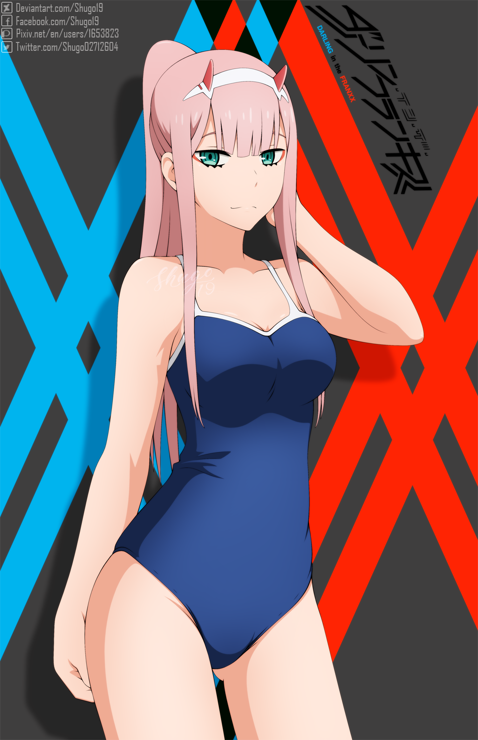 1girl artist_name bangs blank_stare blue_one-piece_swimsuit breasts closed_mouth contrapposto copyright_name cowboy_shot darling_in_the_franxx deviantart_username expressionless facebook_username green_eyes hair_between_eyes hair_ornament hairband highres horns long_hair long_neck looking_at_viewer medium_breasts one-piece_swimsuit oni_horns pink_hair pixiv_username ponytail red_horns shadow shugo19 solo straight_hair swimsuit thighs twitter_username watermark white_hairband zero_two_(darling_in_the_franxx)