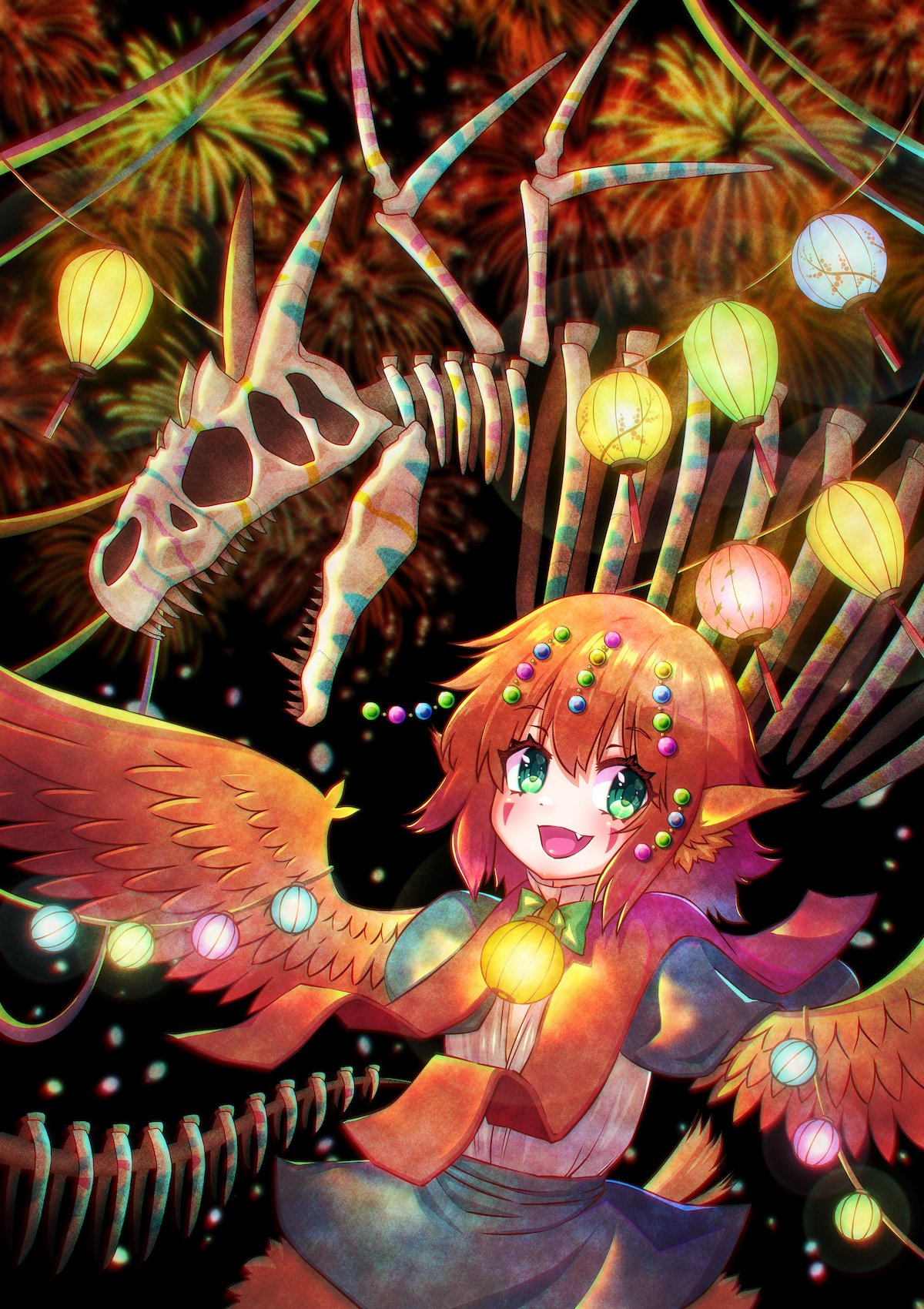 1girl akamiya_fumiya animal_ears bangs bird_ears bird_legs black_background bow commentary facial_mark fang feathered_wings fireworks green_bow green_eyes hair_between_eyes harpy highres lantern monster_girl open_mouth orange_feathers orange_hair orange_wings original paper_lantern pointy_ears skeleton skirt solo symbol-only_commentary winged_arms wings