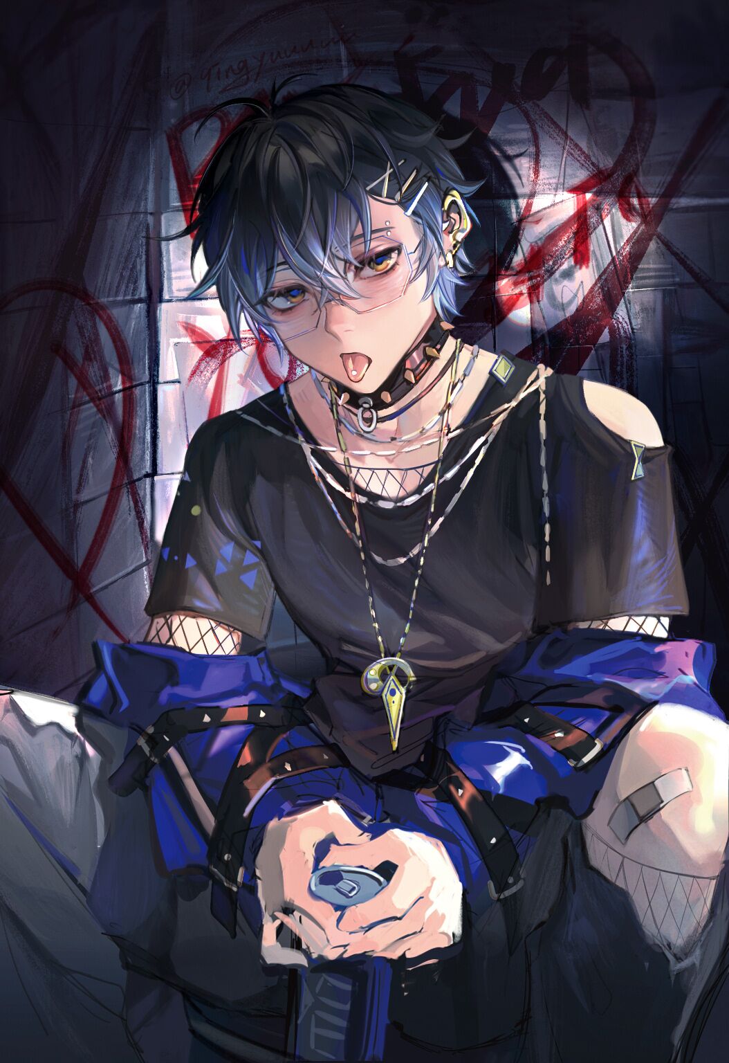 1boy ahoge bad_hands bandaid bandaid_on_knee bandaid_on_leg black_hair black_shirt blue_eyes blue_hair blue_jacket bodysuit can clothing_cutout collar earrings eyebrow_piercing fishnet_bodysuit fishnet_socks fishnets glasses graffiti grey_pants hair_ornament hairpin highres holding holding_can ike_eveland jacket jacket_partially_removed jewelry knee_cutout looking_at_viewer male_focus multicolored_eyes multicolored_hair necklace nijisanji nijisanji_en nose pants piercing punk qingyu shirt short_hair shoulder_cutout socks solo spiked_collar spikes tongue tongue_out tongue_piercing twitter_username virtual_youtuber x_hair_ornament yellow_eyes