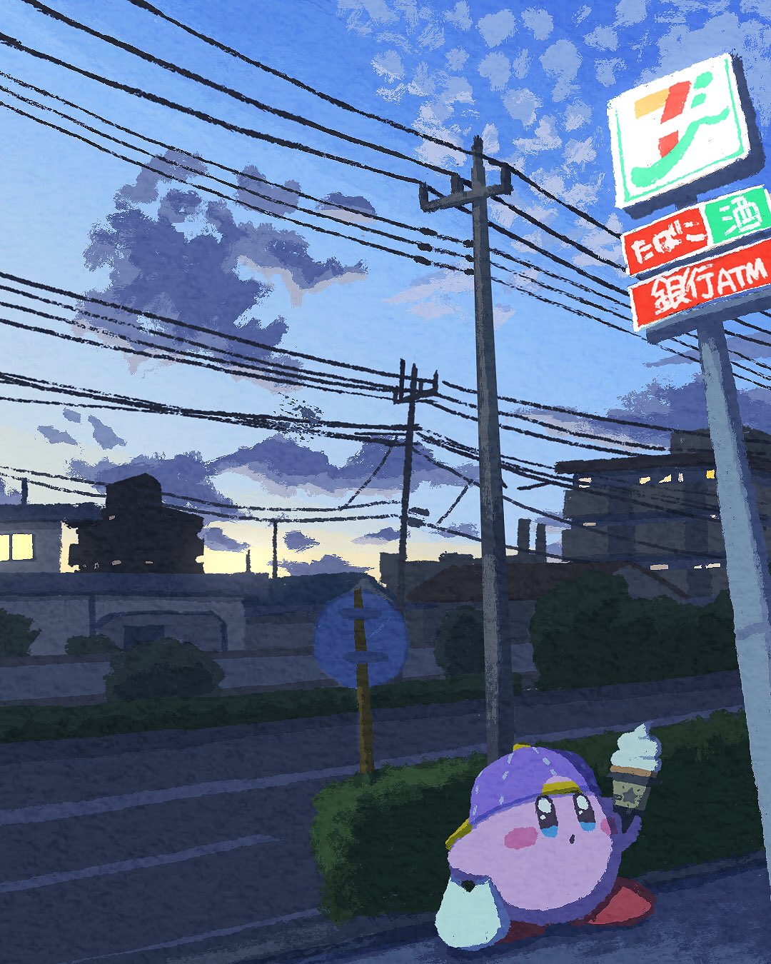 7-eleven backwards_hat bag baseball_cap blush_stickers building bush clouds colored_skin hat highres ice_cream_cone kirby kirby_(series) miclot no_humans pink_skin power_lines road road_sign scenery shopping_bag sign sky solid_oval_eyes utility_pole window