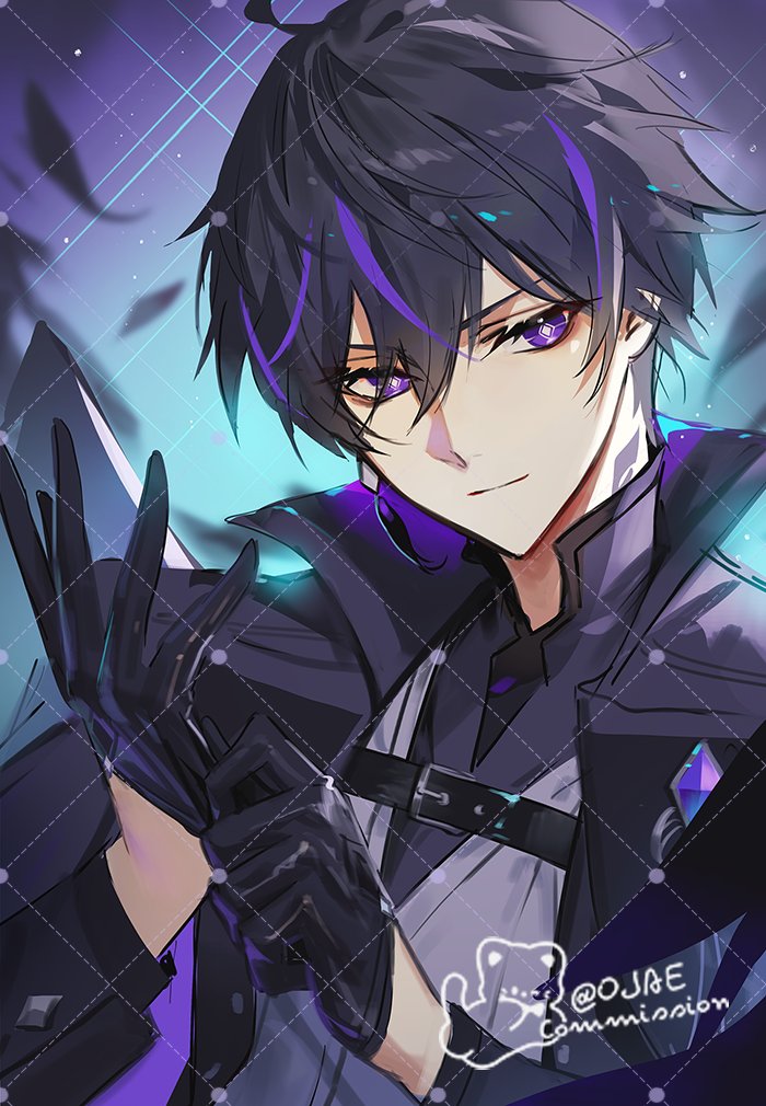 0jae 1boy bangs bishounen black_gloves black_hair blue_background blue_hair closed_mouth commentary_request commission earrings gloves hair_between_eyes jewelry looking_at_viewer male_focus multicolored_hair original simple_background single_earring streaked_hair upper_body violet_eyes
