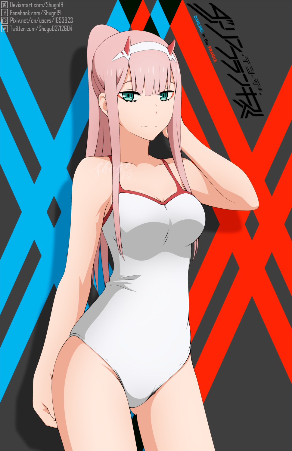 1girl artist_name bangs blank_stare breasts closed_mouth contrapposto copyright_name cowboy_shot darling_in_the_franxx deviantart_username expressionless facebook_username green_eyes hair_between_eyes hair_ornament hairband highres horns long_hair long_neck looking_at_viewer medium_breasts one-piece_swimsuit oni_horns pink_hair pixiv_username ponytail red_horns shadow shugo19 solo straight_hair swimsuit thighs twitter_username watermark white_hairband white_one-piece_swimsuit zero_two_(darling_in_the_franxx)