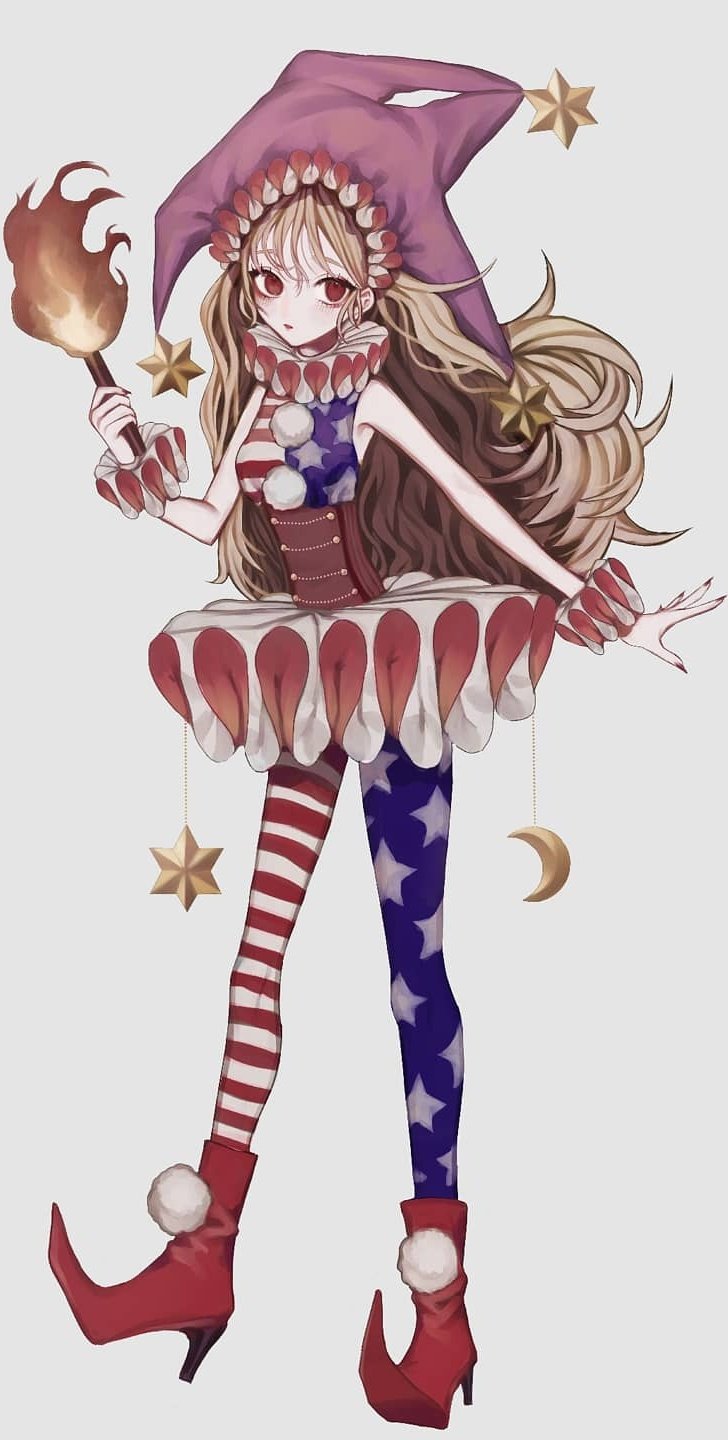 1girl adapted_costume american_flag american_flag_dress american_flag_legwear bangs bare_shoulders blonde_hair breasts clownpiece corset dress fairy_wings fingernails fire gradient gradient_background grey_background hair_between_eyes hair_ornament hat high_heels highres holding holding_torch jester_cap leggings light_blush long_hair looking_at_viewer nail_polish neck_ruff parted_lips print_legwear red_eyes red_nails sharp_fingernails sleeveless sleeveless_dress small_breasts solo star_(symbol) star_hair_ornament star_print torch touhou very_long_hair wings zabu_rou