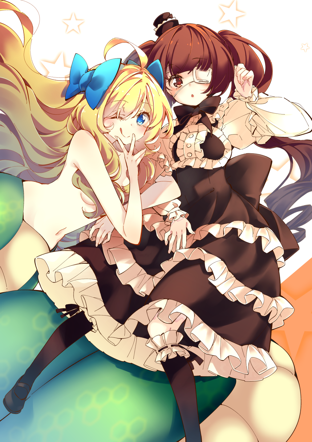 2girls ahoge bangs black_footwear black_headwear blonde_hair blue_eyes blue_ribbon blunt_bangs breasts brown_eyes brown_hair closed_mouth dress eyepatch frilled_sleeves frills full_body gothic_lolita hair_censor hair_over_breasts hair_ribbon hanazono_yurine hat highres jashin-chan jashin-chan_dropkick kneehighs lace lace-trimmed_legwear lace_trim lolita_fashion long_hair long_sleeves looking_at_viewer medical_eyepatch meji_aniki mini_hat monster_girl multiple_girls navel nude open_mouth ribbon shoes simple_background small_breasts socks star_(symbol) swept_bangs top_hat twintails v white_background