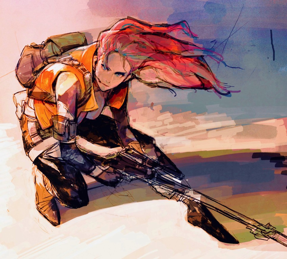 animification backpack bag black_pants blue_eyes floating_hair gun hair_behind_ear headset holding holding_gun holding_weapon jacket leaning_forward looking_to_the_side mzzi orange_jacket pants playerunknown's_battlegrounds redhead rifle sara_(pubg) sketch sleeveless sleeveless_jacket sniper_rifle squatting weapon