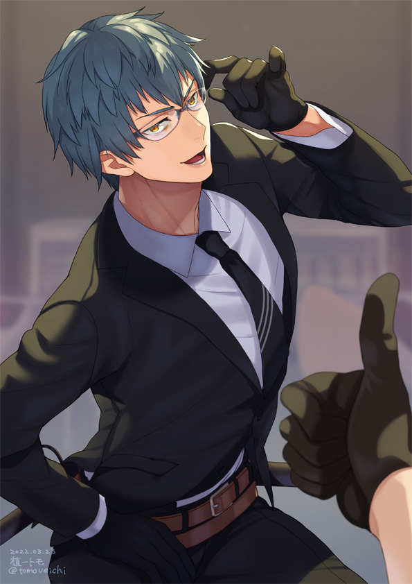 1boy adjusting_eyewear bangs belt black_gloves black_jacket black_necktie black_pants blue_hair brown_belt collared_shirt commentary_request dated fate/grand_order fate_(series) feet_out_of_frame formal glasses gloves jacket katana long_hair looking_at_viewer male_focus necktie open_mouth out_of_frame pants saitou_hajime_(fate) scabbard sheath shirt short_hair smile solo_focus sword sword_on_back teeth thumbs_up tomo_(damejin) twitter_username weapon weapon_on_back white_shirt yellow_eyes
