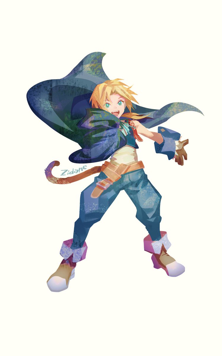 1boy aqua_eyes bangs belt blonde_hair blue_cloak blue_pants blue_ribbon blue_vest boots brown_gloves character_name cloak final_fantasy final_fantasy_ix full_body gloves hashima_(hashima-dr) highres low_ponytail male_focus monkey_tail neck_ribbon open_mouth pants parted_bangs ribbon shirt short_hair_with_long_locks sleeveless sleeveless_shirt smile solo steel-toe_boots tail teeth upper_teeth vest white_background white_shirt wrist_cuffs zidane_tribal