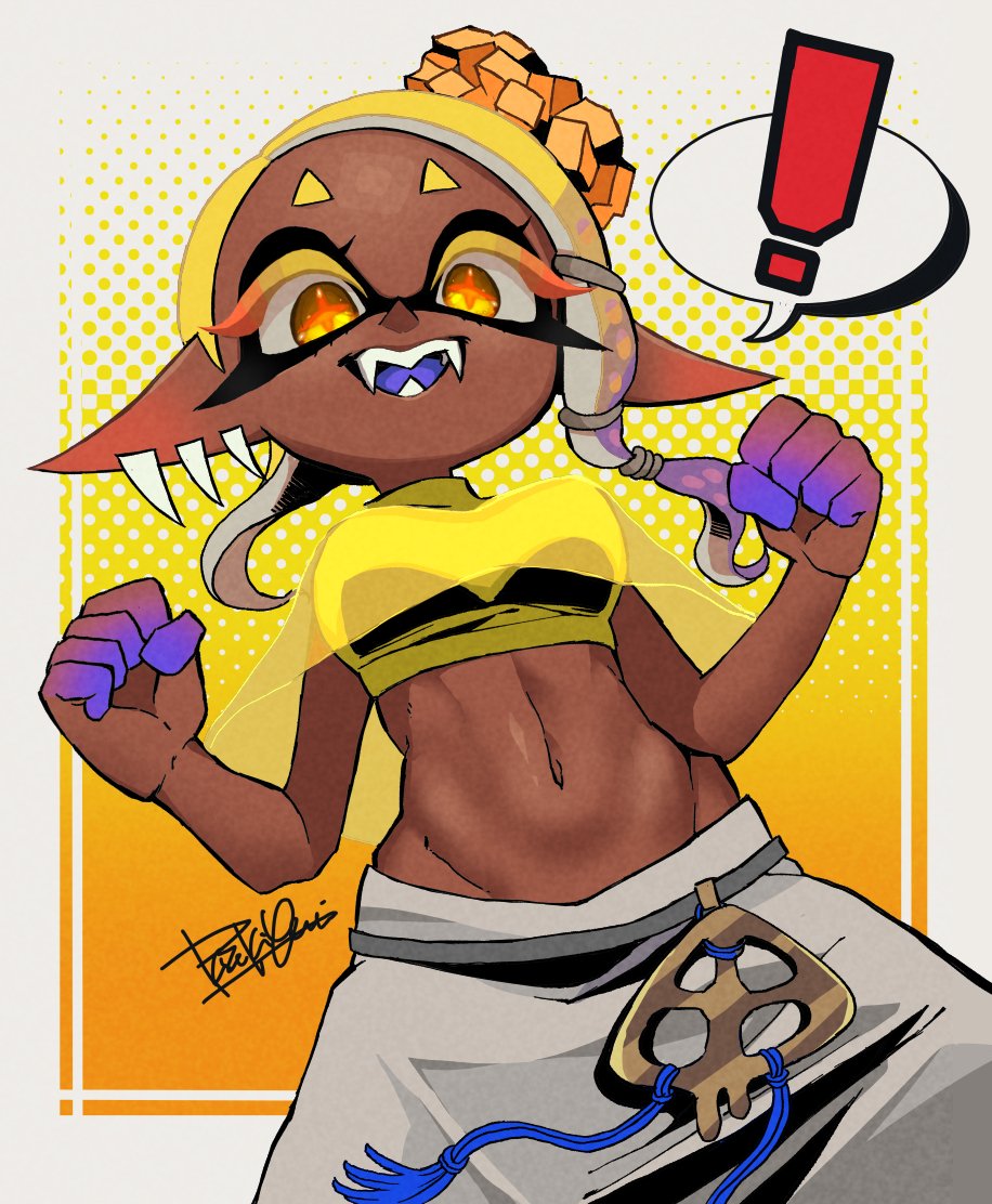 ! 1girl :d blonde_hair breasts clenched_hands colored_eyelashes colored_skin colored_tongue crop_top cross-shaped_pupils dark-skinned_female dark_skin earrings fangs food food_on_head frye_(splatoon) gradient_hair gradient_skin groin isamu-ki_(yuuki) jewelry long_hair medium_breasts midriff multicolored_hair multicolored_skin multiple_earrings navel object_on_head open_mouth pink_skin pointy_ears poncho purple_hair purple_skin purple_tongue see-through sleeveless smile solo speech_bubble splatoon_(series) splatoon_3 spoken_exclamation_mark teeth tempura tentacle_hair turtleneck turtleneck_crop_top two-tone_hair yellow_crop_top yellow_eyes