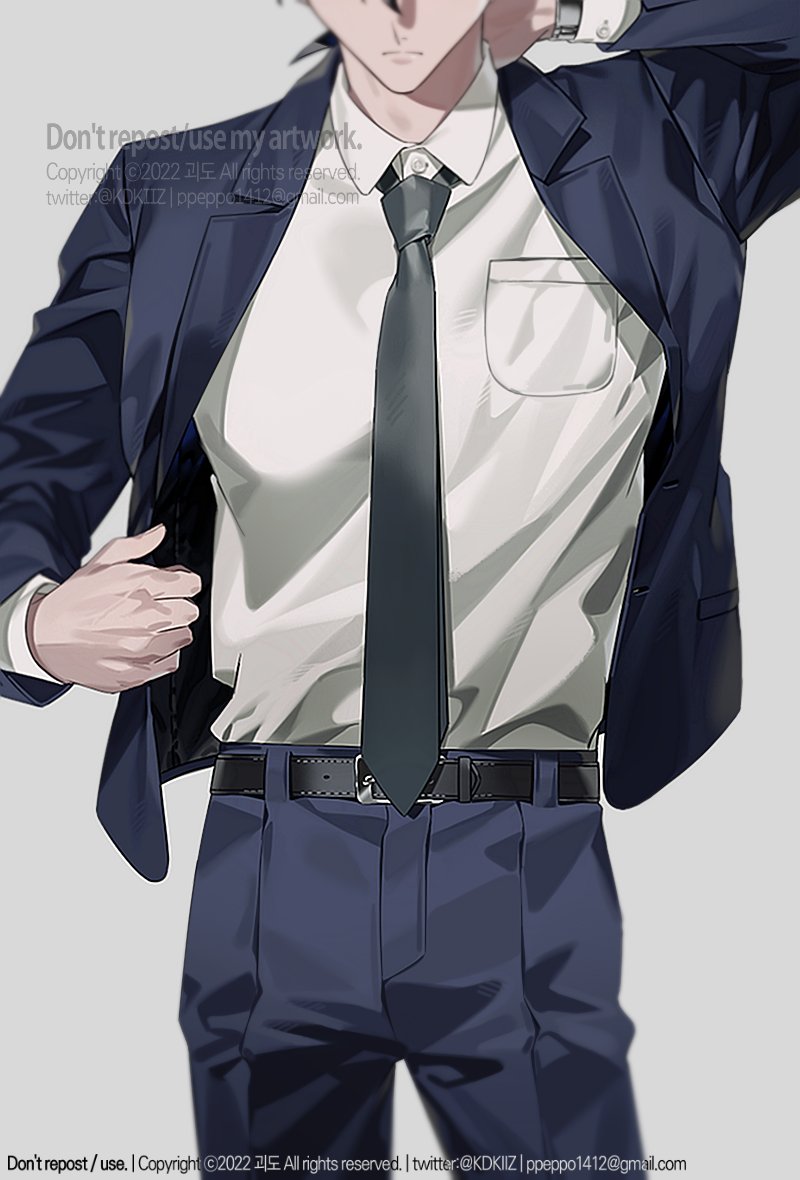 1boy arm_up belt black_belt black_necktie blue_jacket blue_pants breast_pocket collared_shirt cowboy_shot grey_background head_out_of_frame jacket kidkuroba4869 kudou_shin'ichi long_sleeves male_focus meitantei_conan necktie open_clothes open_jacket pants pocket shirt shirt_tucked_in simple_background solo watermark