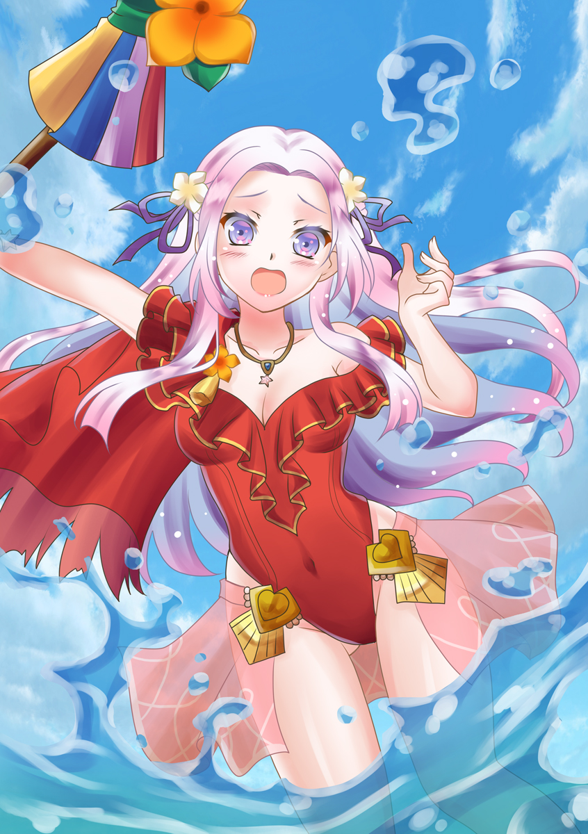 1girl blue_sky blush cape clouds collar covered_navel cute edelgard_von_hresvelg female_focus fire_emblem fire_emblem:_three_houses fire_emblem_heroes fire_emblem_warriors:_three_hopes flower flower_on_head hair_ribbon holding holding_umbrella holding_weapon intelligent_systems lips long_hair moe nintendo one-piece_swimsuit open_mouth partially_submerged ritsu_ayane scared sky soaking_feet solo splashing star super_smash_bros. swimsuit violet_eyes water white_hair