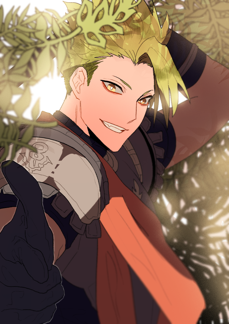 1boy achilles_(fate) armor black_gloves commentary_request fate/apocrypha fate/grand_order fate_(series) gloves green_hair komona looking_at_viewer looking_to_the_side male_focus short_hair shoulder_armor smile solo teeth tree upper_body yellow_eyes
