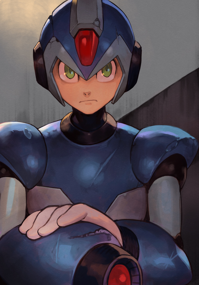 1boy android arm_cannon arm_mounted_weapon armor cannon crack green_eyes hankuri helmet male_focus mega_man_(series) mega_man_x_(character) mega_man_x_(series) scuffed solo upper_body weapon