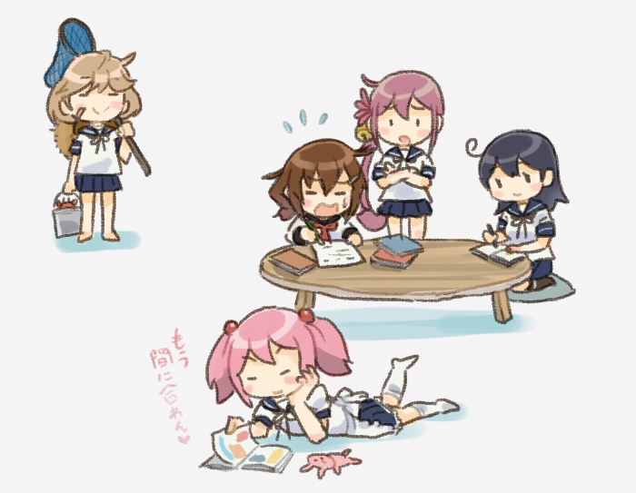 5girls akebono_(kancolle) apron bandaid bandaid_on_face bell black_hair black_sailor_collar black_skirt book brown_hair bucket butterfly_net closed_eyes commentary_request crab crossed_arms flower hair_bell hair_flower hair_ornament hand_net homework ikazuchi_(kancolle) jingle_bell kantai_collection long_hair lying multiple_girls oboro_(kancolle) on_stomach pleated_skirt purple_hair rabbit reading saiguchi_otoufu sailor_collar sazanami_(kancolle) sazanami_kai_(kancolle) school_uniform serafuku short_hair short_sleeves side_ponytail skirt table ushio_(kancolle) very_long_hair waist_apron