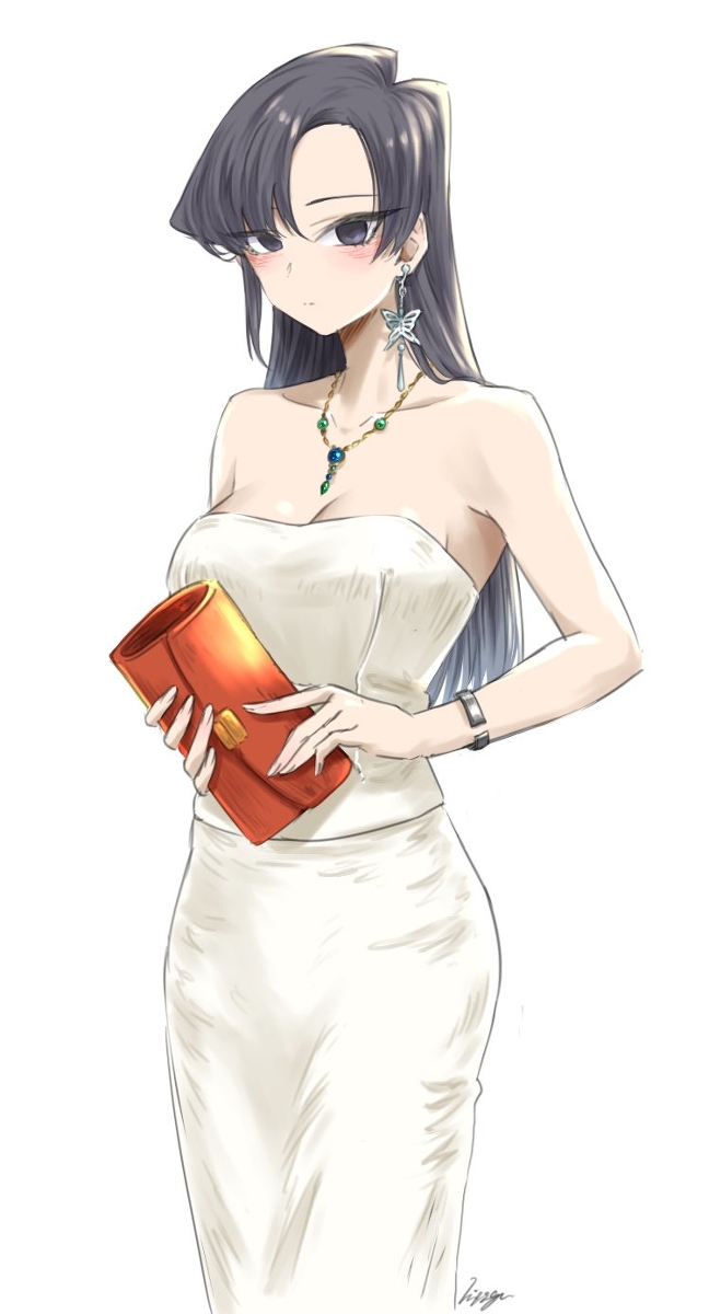1girl 1woman bare_arms bare_shoulders bent_elbows black_hair black_pupils bracelet butterfly_earrings cleavage closed_mouth collarbone evening_gown eyebrows eyebrows_visible_through_hair eyelashes fashion flowing_hair forehead holding_purse hourglass komi-san_wa_komyushou_desu komi_shouko long_hair looking_at_viewer medium_breasts mitsugu necklace open_eyes pale_skin purse simple_background solo standing straight_hair strapless_dress tall_female teenager upper_body white_background white_dress young_adult