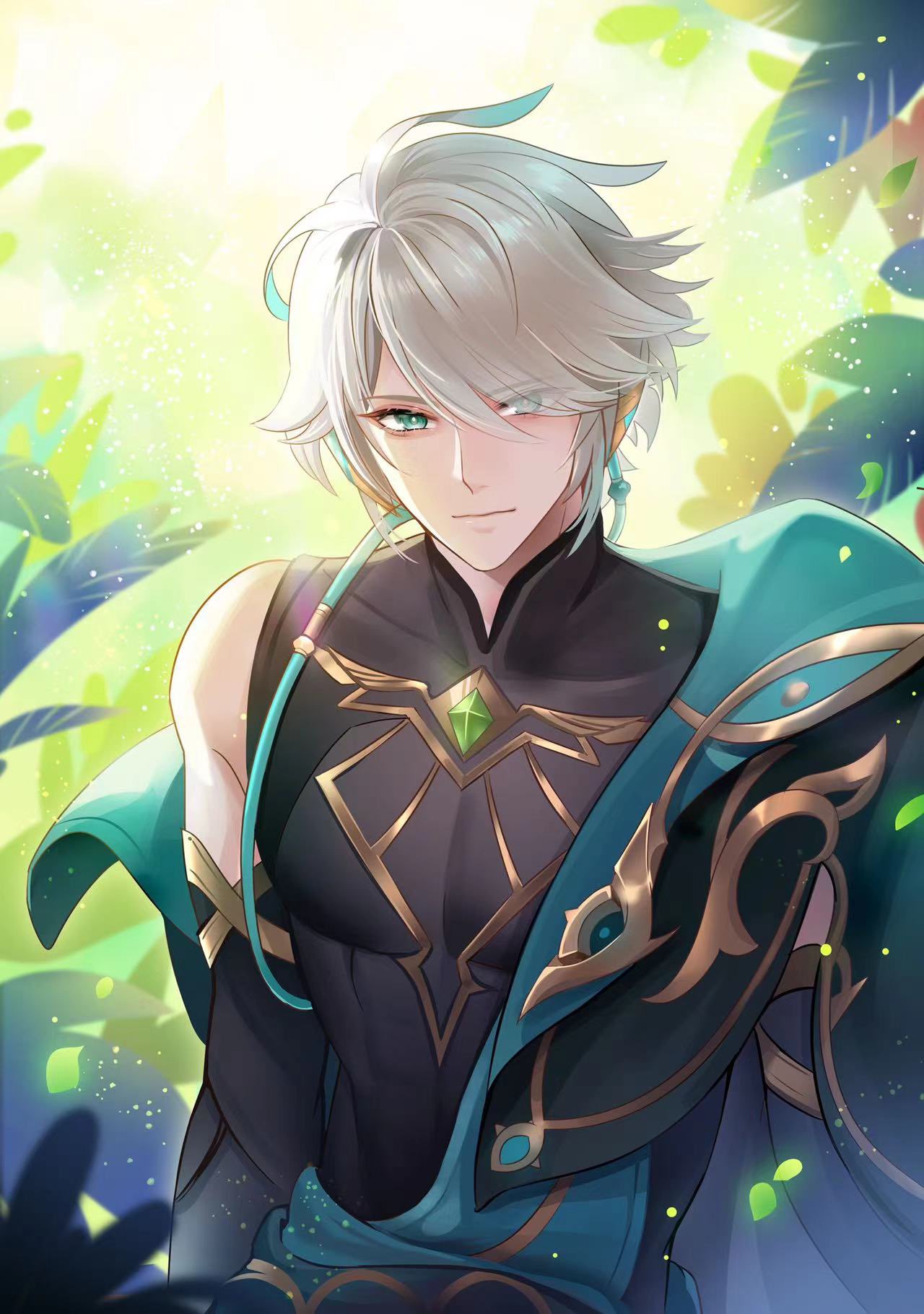 1boy ahoge al-haitham_(genshin_impact) backlighting bangs bare_shoulders black_gloves black_shirt bloom cape closed_mouth commentary compression_shirt elbow_gloves eyelashes eyes_visible_through_hair gem genshin_impact gloves gold_trim green_cape green_eyes green_hair grey_hair hair_over_one_eye highres leaf leafkey424 light_particles light_smile looking_at_viewer male_focus multicolored_hair parted_bangs plant shirt short_hair shoulder_cape sidelocks sleeveless sleeveless_shirt smile solo swept_bangs tight tight_shirt upper_body