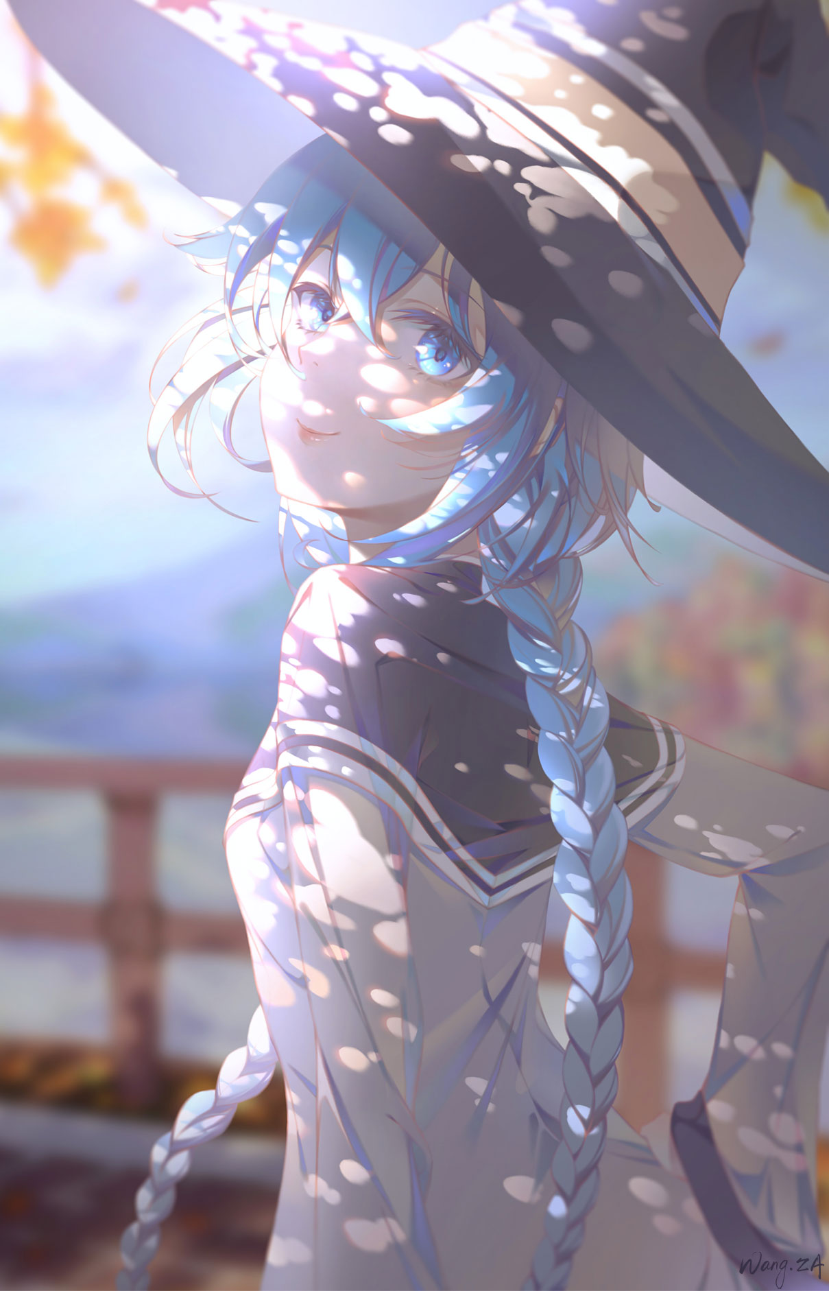 1girl artist_name back bangs bird blue_eyes blue_hair braid cape closed_mouth crossed_bangs day dress eyelashes from_behind hair_between_eyes hat highres light_rays long_braid long_hair looking_at_viewer looking_back mushoku_tensei outdoors roxy_migurdia smile solo twin_braids wangza witch_hat