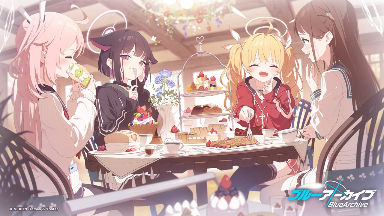 4girls ahoge airi_(blue_archive) animal_ears bangs black_choker black_hair black_sailor_collar black_thighhighs blonde_hair blue_archive blue_sailor_collar blush brown_hair cake cake_slice cardigan chair choker collarbone colored_inner_hair cream creamer_(vessel) cup dessert flower food food-themed_hair_ornament fork frilled_skirt frills fruit green_eyes hair_ornament hair_ribbon hairclip halo hennnachoco holding hood hooded_jacket ice_cream_hair_ornament indoors jacket kazusa_(blue_archive) long_hair long_sleeves miniskirt multicolored_hair multiple_girls natsu_(blue_archive) neckerchief open_mouth pantyhose parfait pastry pink_eyes pink_hair pink_neckerchief pleated_skirt red_jacket red_neckerchief ribbon sailor_collar sandwich saucer school_uniform serafuku short_hair side_ponytail sitting skirt strawberry sweets table tablecloth teacup thigh-highs tiered_tray track_jacket translucent twintails two-tone_hair white_cardigan white_serafuku white_skirt yoshimi_(blue_archive)