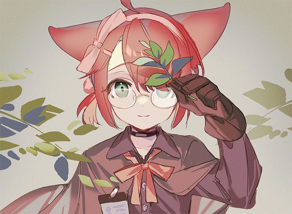 1girl animal_ears arknights awa_iro bangs bow_hairband brown_background brown_capelet brown_gloves brown_shirt capelet commentary glasses gloves gradient gradient_background green_eyes hair_over_one_eye hairband holding holding_plant id_card light_smile looking_at_viewer myrrh_(arknights) one-hour_drawing_challenge pink_hairband plant shirt short_hair short_ponytail sidelocks simple_background solo upper_body