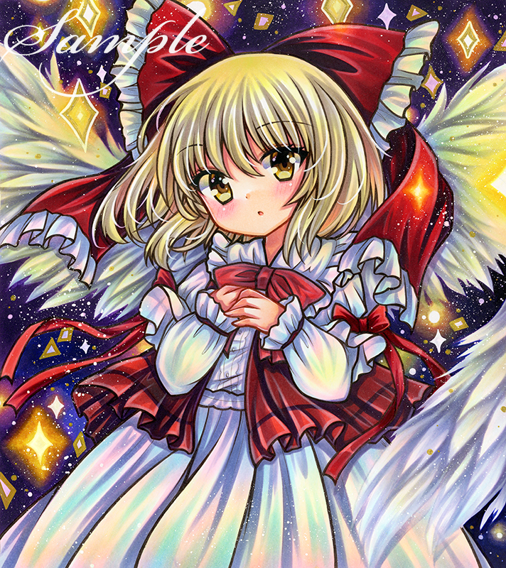 1girl bangs blonde_hair blue_background blush bow bowtie cowboy_shot dress embellished_costume feathered_wings frilled_bow frilled_dress frilled_vest frills gengetsu_(touhou) hair_bow long_sleeves looking_at_viewer marker_(medium) medium_hair own_hands_together parted_lips red_bow red_bowtie red_ribbon red_vest ribbon rui_(sugar3) sample_watermark solo sparkle spread_wings standing touhou touhou_(pc-98) traditional_media vest white_dress white_wings wings yellow_eyes