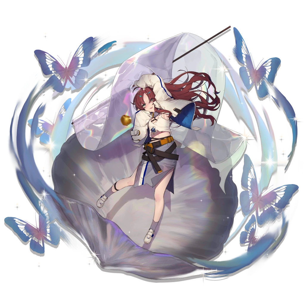 1girl arknights artist_name bangs bare_shoulders blush bug butterfly commentary_request dated dress flag full_body green_eyes long_hair long_sleeves looking_at_viewer myrtle_(arknights) navel non-web_source open_mouth pointy_ears redhead shirt smile solo source_request very_long_hair white_shirt