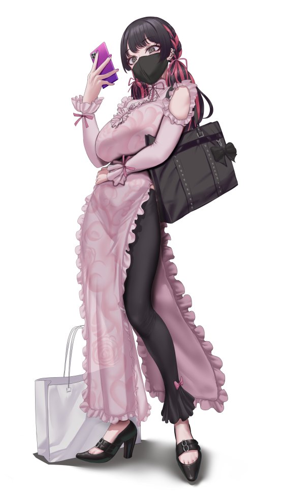 1girl bag black_hair breasts cellphone commentary_request dress ear_piercing eyebrows_hidden_by_hair full_body high_heels holding holding_phone large_breasts long_hair mask mouth_mask multicolored_hair nail_polish original pants phone piercing pink_dress pink_hair shopping_bag simple_background smartphone solo tomiokasena twintails two-tone_hair white_background