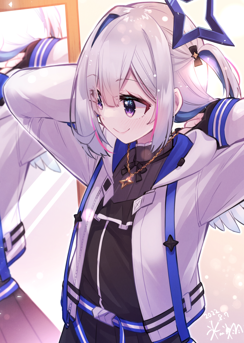 1girl adjusting_hair amane_kanata angel angel_wings belt black_dress black_gloves blue_belt blue_hair blush closed_mouth colored_inner_hair dated dress feathered_wings gloves grey_hair hair_ornament hair_over_one_eye hairclip halo hikawa_shou hololive jacket jewelry long_hair long_sleeves multicolored_hair necklace open_clothes open_jacket partially_fingerless_gloves pink_hair pleated_dress reflection single_hair_intake smile solo star_(symbol) star_halo star_necklace streaked_hair two_side_up upper_body violet_eyes virtual_youtuber white_jacket white_wings wings