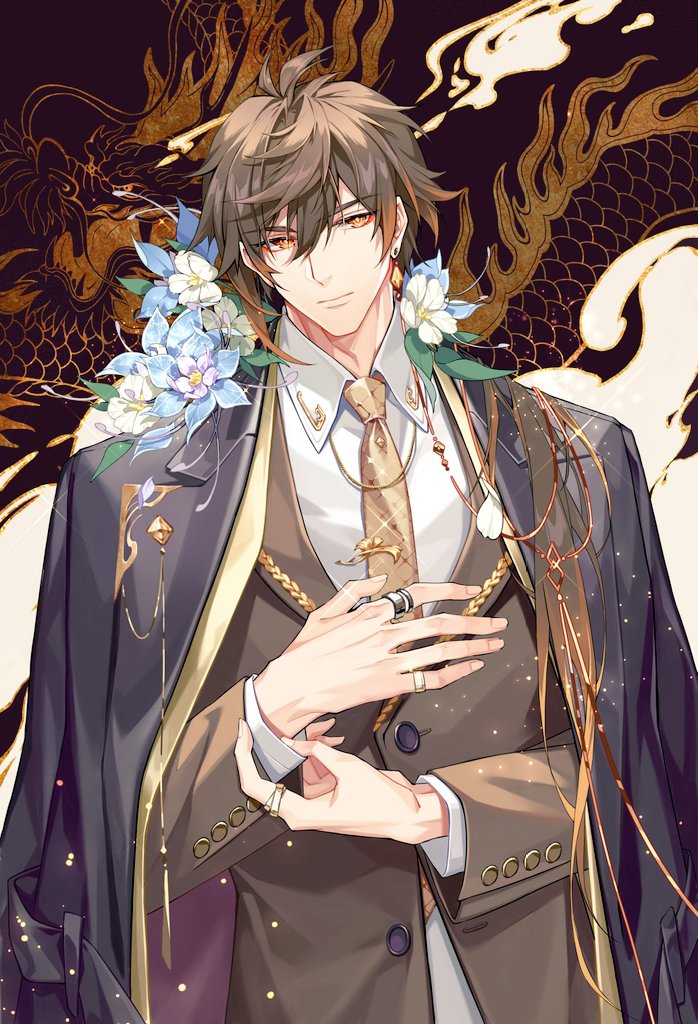 1boy bangs bishounen brown_hair business_suit closed_mouth collared_shirt commentary_request dragon earrings eastern_dragon flower formal genshin_impact hair_between_eyes holding jewelry long_sleeves looking_at_viewer lotus male_focus necktie ring shirt shito_haduki short_hair single_earring solo suit thumb_ring yellow_eyes yellow_necktie zhongli_(genshin_impact)