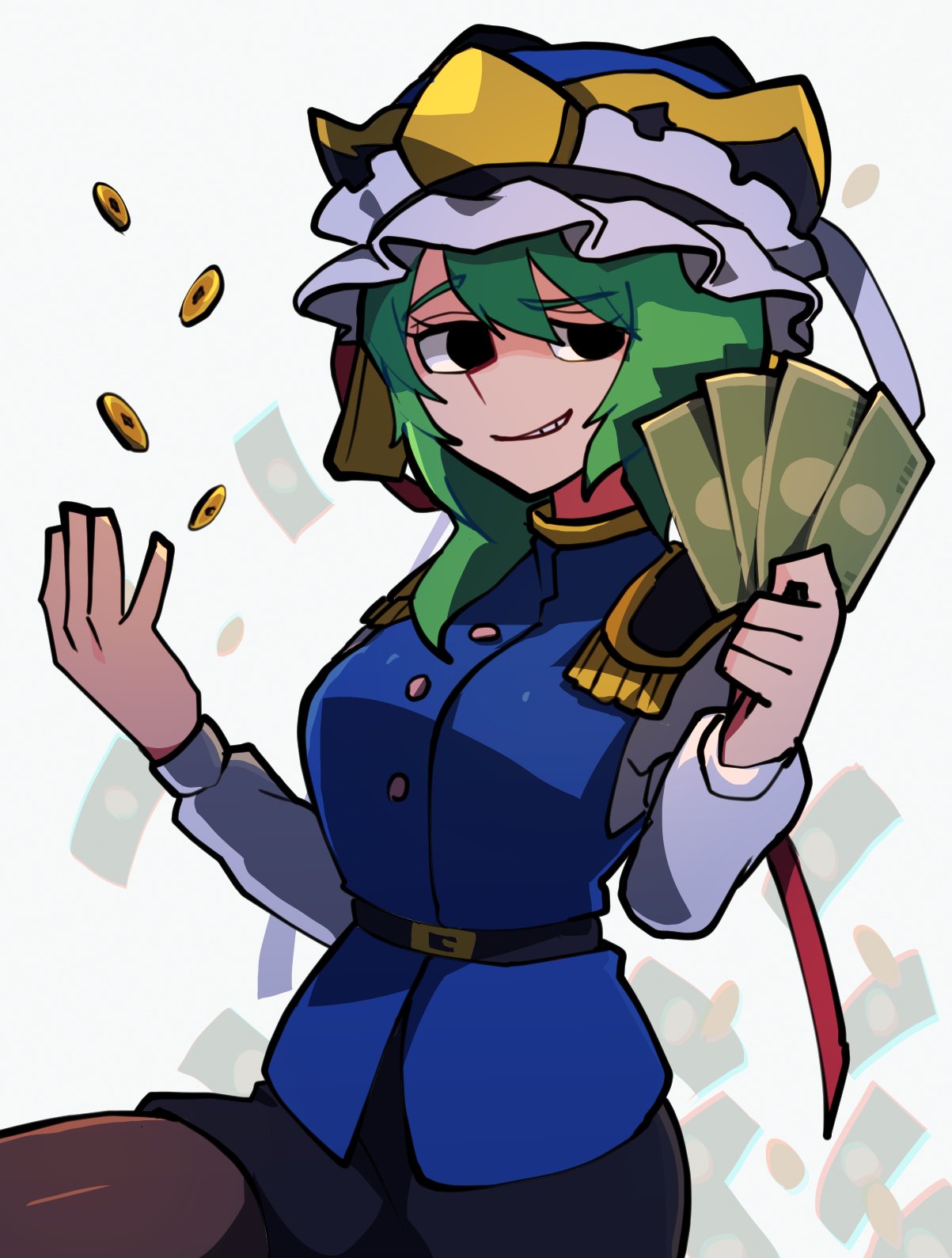 1girl asymmetrical_hair belt belt_buckle black_eyes black_skirt blue_vest bow buckle buttons coin collared_vest epaulettes frilled_hat frills green_hair hat highres holding holding_money holed_coin iganashi1 long_sleeves looking_at_viewer looking_to_the_side miniskirt money pantyhose raised_eyebrow shiki_eiki silhouette simple_background skirt smirk solo touhou vest white_background