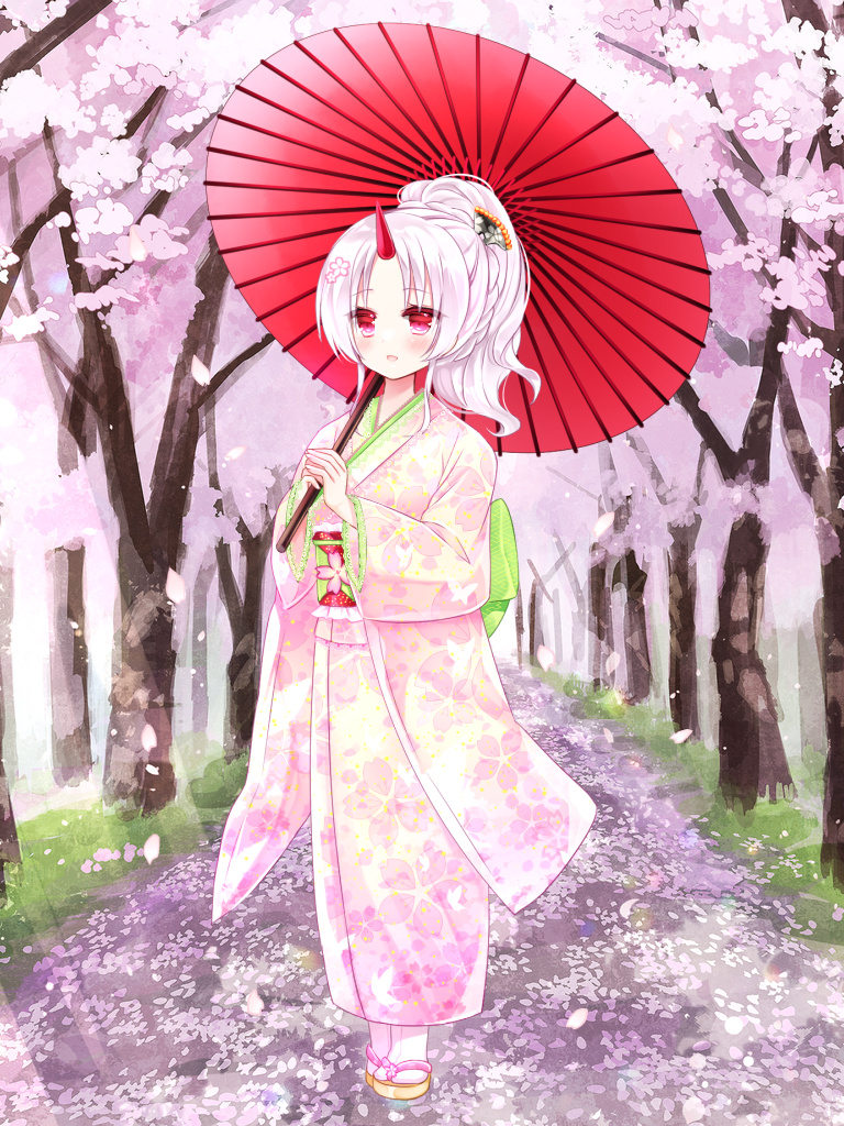 1girl :d bangs brown_footwear copyright_request day floral_print flower full_body hair_flower hair_ornament high_ponytail holding holding_umbrella horns japanese_clothes kimono long_sleeves looking_at_viewer obi oil-paper_umbrella outdoors own_hands_together parted_bangs petals pink_flower pink_kimono ponytail print_kimono red_eyes red_umbrella sash shikito single_horn smile socks solo standing tabi tree umbrella white_flower white_hair white_socks wide_sleeves zouri