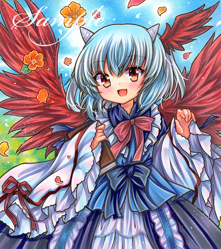 1girl :d bangs bird_wings black_bow black_skirt blue_hair blue_ribbon blue_shirt blue_sky blush book bow bowtie cowboy_shot day fang feathered_wings flower frilled_shirt_collar frills hand_up head_wings holding holding_book horns light_blue_hair long_sleeves looking_at_viewer marker_(medium) medium_hair open_mouth orange_flower outdoors petals red_bow red_bowtie red_eyes red_ribbon red_wings ribbon rui_(sugar3) sample_watermark shirt single_head_wing skirt sky sleeves_past_wrists smile solo spread_wings standing tokiko_(touhou) touhou traditional_media white_sleeves wide_sleeves wings