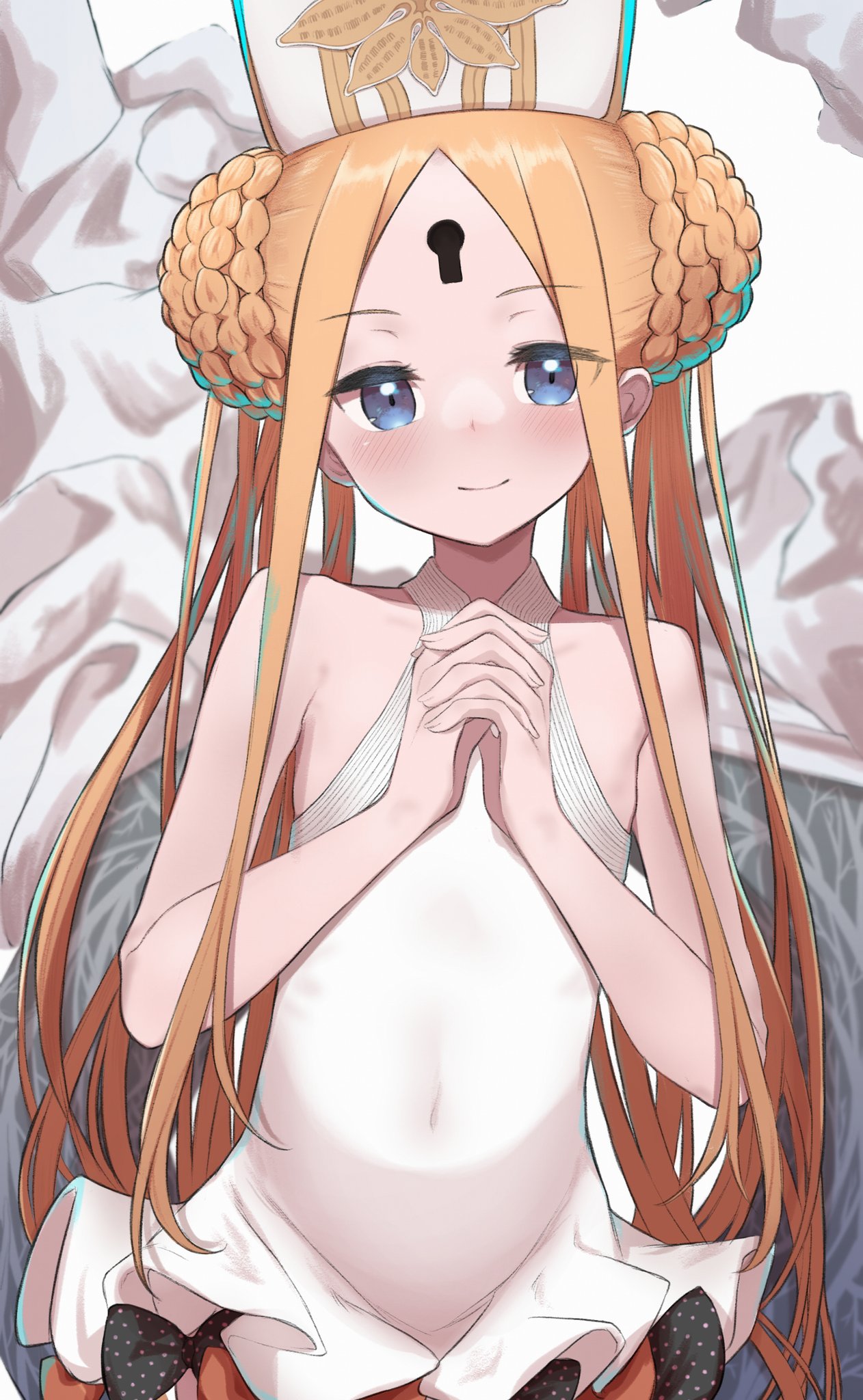 1girl abigail_williams_(fate) abigail_williams_(swimsuit_foreigner)_(fate) abigail_williams_(swimsuit_foreigner)_(second_ascension)_(fate) bad_id bad_twitter_id bangs bare_shoulders black_bow blonde_hair blue_eyes blush bow braid braided_bun double_bun dress_swimsuit fate/grand_order fate_(series) flat_chest forehead hair_bun hat highres interlocked_fingers keyhole lazu0721 long_hair looking_at_viewer mitre multiple_bows orange_bow own_hands_together parted_bangs smile solo swimsuit upper_body very_long_hair white_headwear white_one-piece_swimsuit