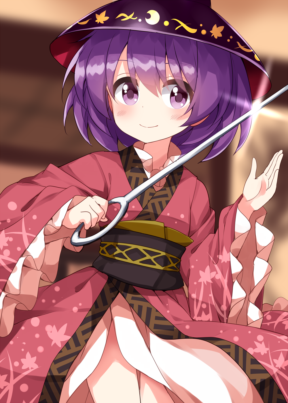 1girl autumn_leaves bangs belt black_belt black_headwear blurry blurry_background blush bowl bowl_hat crescent crescent_print dress eyes_visible_through_hair frills hair_between_eyes hands_up hat highres holding holding_weapon japanese_clothes kimono leaf leaf_print long_sleeves looking_to_the_side needle one-hour_drawing_challenge pink_dress pink_kimono purple_hair ruu_(tksymkw) short_hair smile solo sparkle standing sukuna_shinmyoumaru touhou violet_eyes wall weapon wide_sleeves