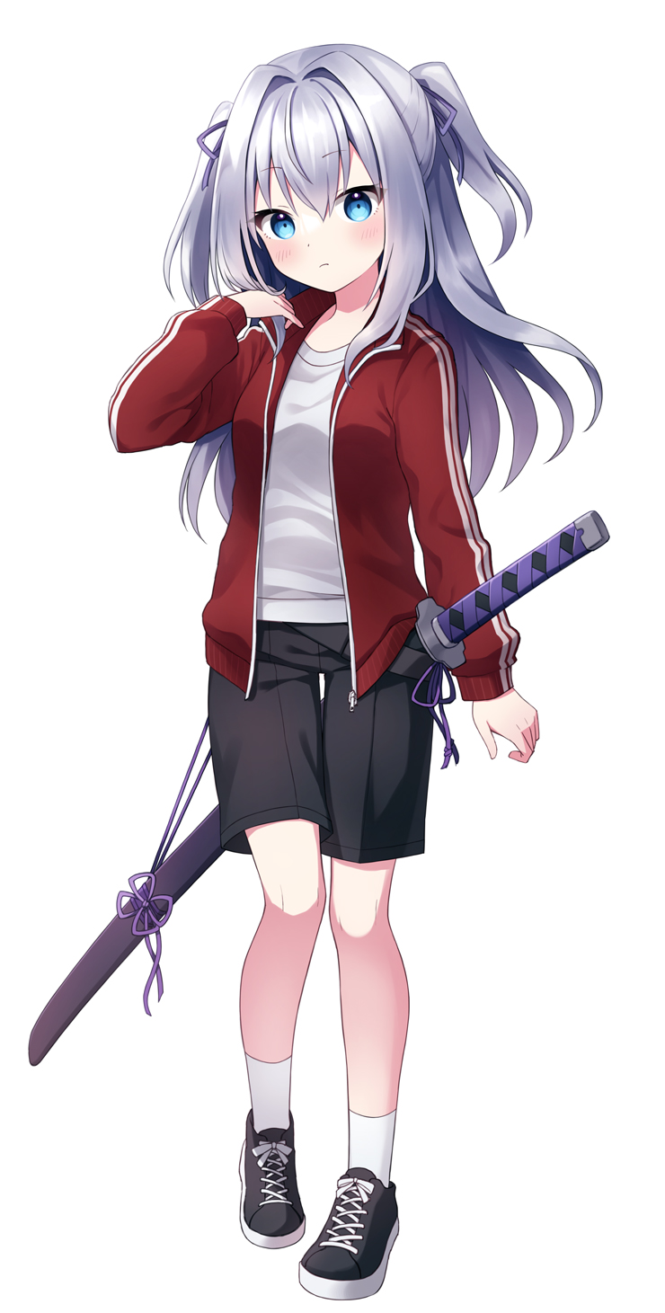 1girl black_footwear black_shorts blue_eyes closed_mouth commission cross-laced_footwear full_body grey_hair hair_intakes highres jacket katana long_hair looking_at_viewer original red_jacket sheath sheathed shirt shorts simple_background socks solo standing suzuno_naru sword sword_behind_back two_side_up weapon white_background white_shirt white_socks