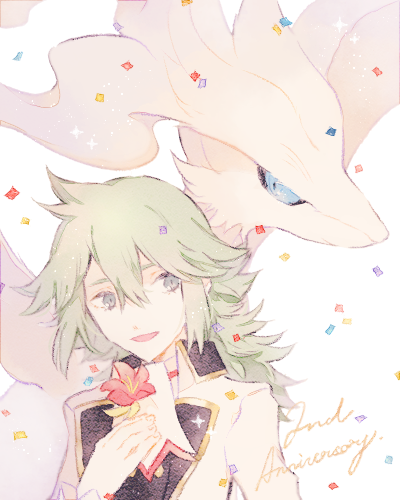 1boy :d anniversary coat confetti flower green_hair hand_up long_hair looking_to_the_side lowres n_(pokemon) official_alternate_costume pokemon pokemon_(creature) pokemon_(game) pokemon_bw pokemon_masters_ex ponytail red_flower reshiram ryokuno_green smile white_background white_coat
