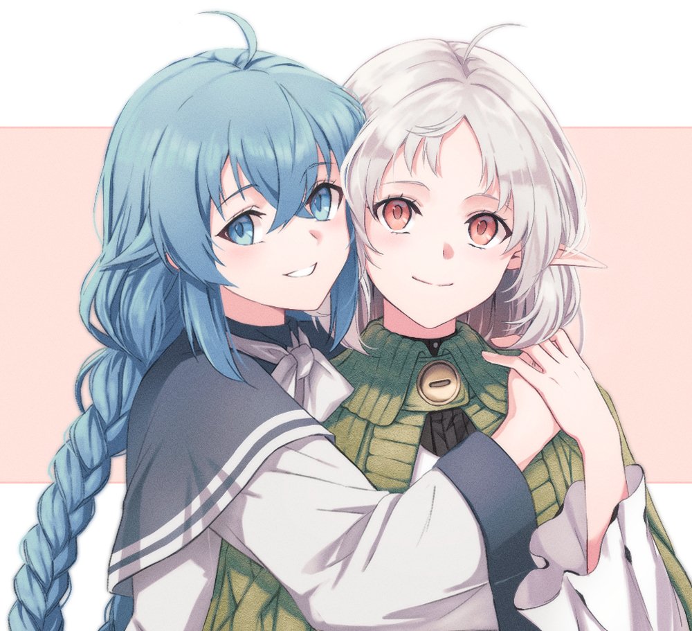 2girls ahoge bangs blue_eyes blue_hair braid buttons capelet closed_mouth crossed_bangs dress elf forehead green_capelet hair_between_eyes hug jwoo long_braid long_hair long_sleeves medium_hair multiple_girls mushoku_tensei pointy_ears red_eyes ribbon roxy_migurdia shirt simple_background smile sylphiette_(mushoku_tensei) twin_braids upper_body white_dress white_hair white_ribbon white_shirt