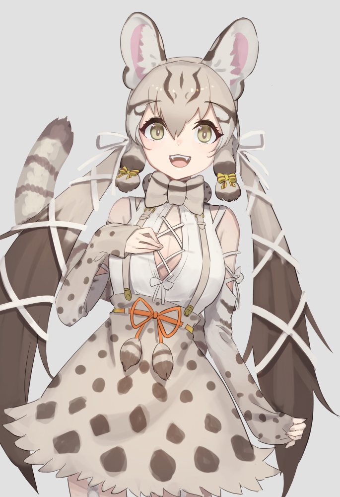 animal_ears animal_print bare_shoulders blonde_hair bow bowtie brown_hair cat_ears cat_girl cat_print cat_tail cowboy_shot detached_sleeves don3 geoffroy's_cat_(kemono_friends) green_eyes hair_bow hair_tie high-waist_skirt kemono_friends kemono_friends_v_project long_hair print_bow print_bowtie print_skirt print_sleeves shirt skirt sleeveless sleeves_past_wrists tail twintails white_bow white_shirt