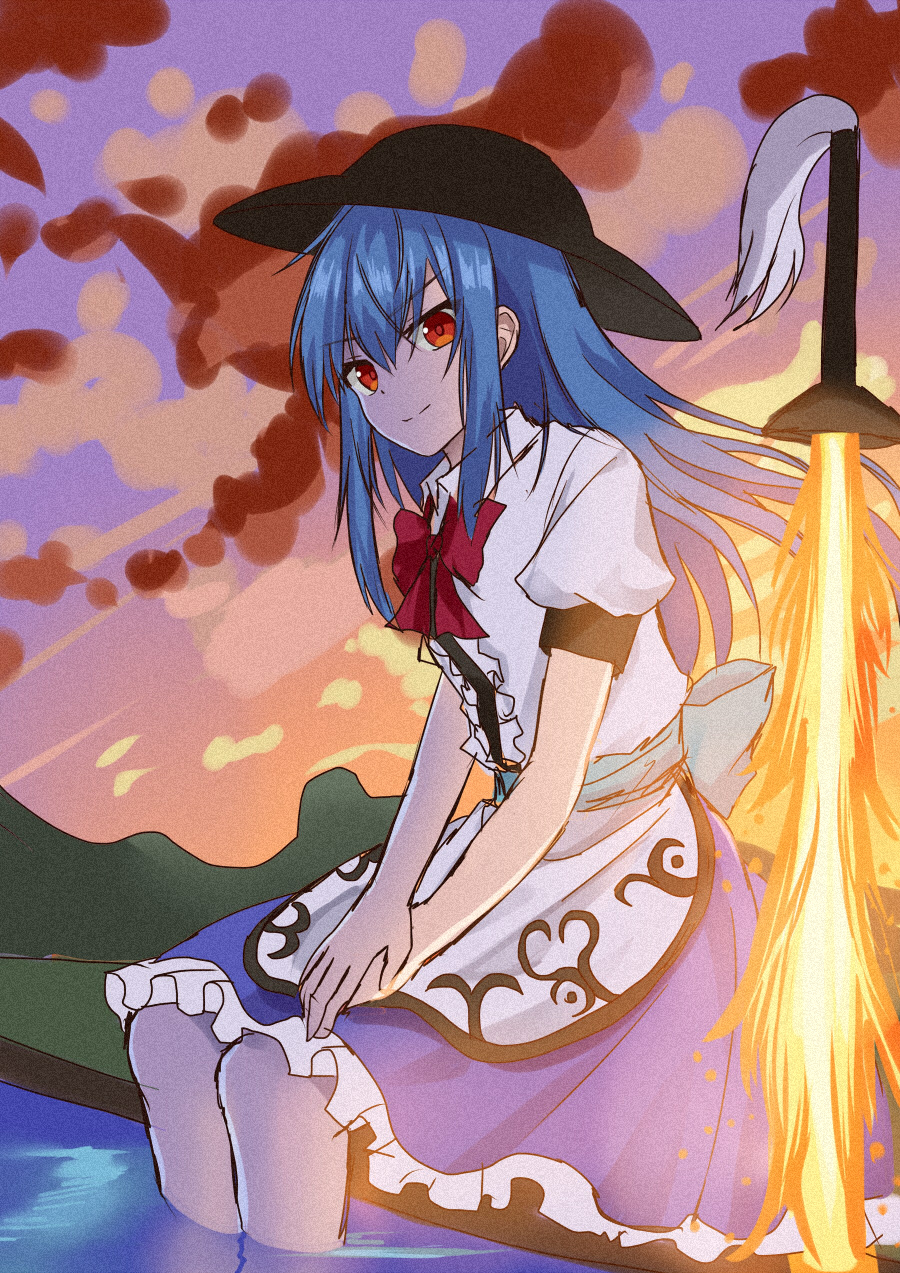 1girl bangs black_headwear blue_hair blue_skirt bow bowtie closed_mouth clouds frilled_skirt frills hat highres hinanawi_tenshi holding holding_sword holding_weapon long_hair looking_at_viewer outdoors red_bow red_bowtie red_eyes short_sleeves sitting skirt smile solo sugiyama_ichirou sword sword_of_hisou touhou wading weapon