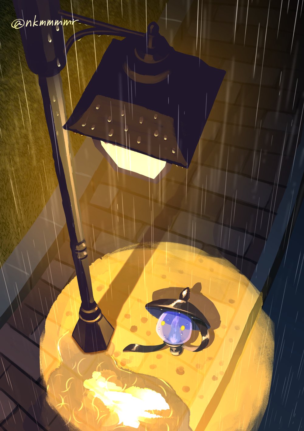 commentary_request funahashi_(nkmmmmr) highres lampent lamppost looking_up night no_humans outdoors pokemon pokemon_(creature) puddle rain solo twitter_username yellow_eyes