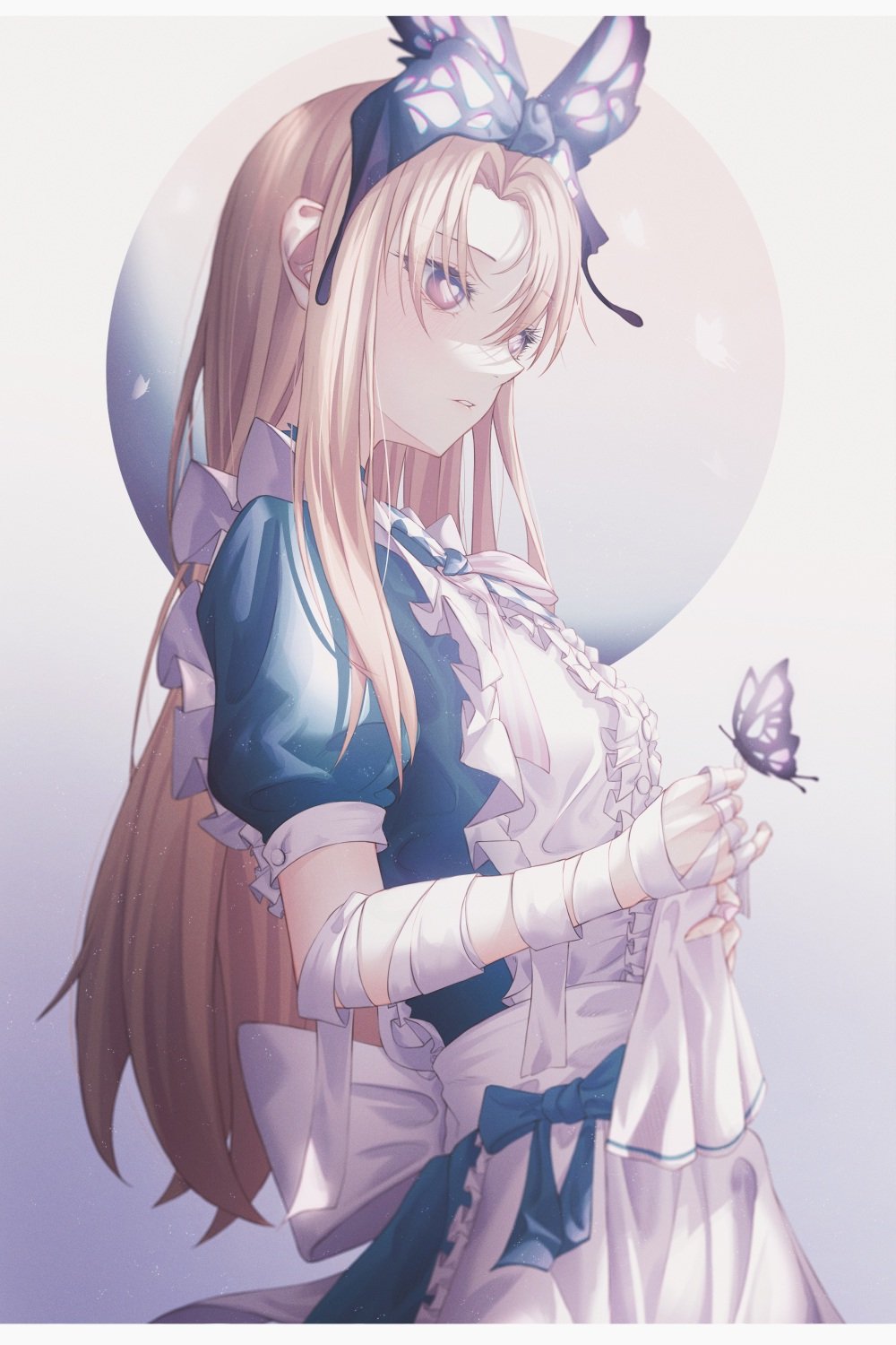 1girl alice_(grimlight) apron back_bow bandaged_arm bandages bandaid bandaid_on_hand bangs blonde_hair blue_bow blue_bowtie blue_choker blue_dress blue_eyes blue_hairband bow bowtie breasts bug butterfly butterfly_hair_ornament butterfly_wings buttons choker closed_mouth collared_dress commentary_request dress flying frills gradient gradient_background grey_background grey_bow grey_bowtie grimlight hair_between_eyes hair_ornament hairband hands_up heart heart_in_eye highres idea_0709 korean_commentary long_hair looking_to_the_side medium_breasts multicolored_bow multicolored_bowtie multicolored_eyes pink_bow pink_bowtie pink_eyes puffy_short_sleeves puffy_sleeves short_sleeves solo standing striped striped_bow striped_bowtie symbol_in_eye teeth white_apron white_background wings