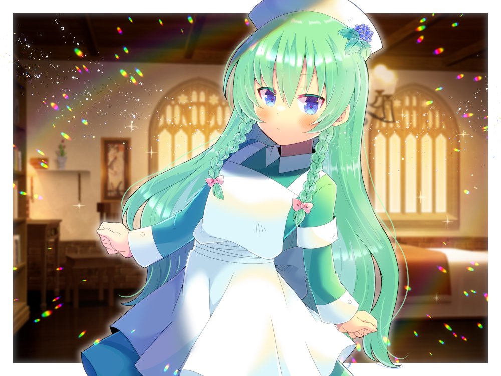 1girl apron bangs bed blue_eyes blue_flower blurry blurry_background blush bow braid closed_mouth collared_dress commentary_request commission depth_of_field dress flower green_dress green_hair hair_between_eyes hair_bow hat kou_hiyoyo lens_flare long_hair long_sleeves looking_at_viewer nurse nurse_cap original pink_bow skeb_commission solo sunlight sunset twin_braids very_long_hair white_apron window