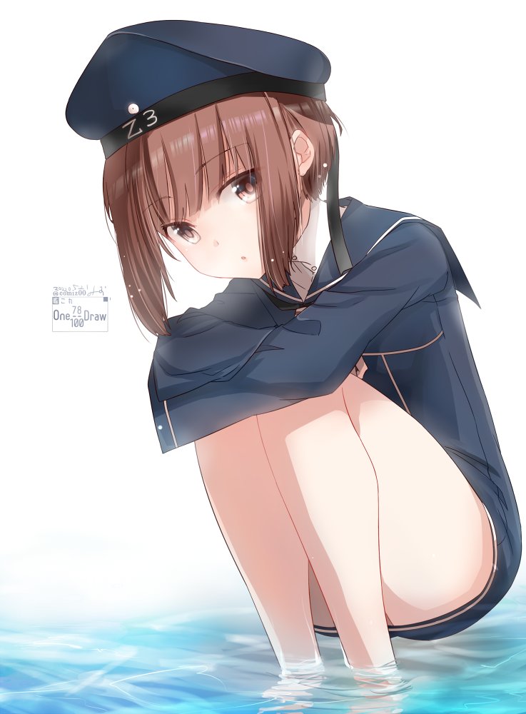 1girl blue_dress blue_headwear blue_sailor_collar brown_eyes clothes_writing commentary_request dress hat kantai_collection kimura_shiki sailor_collar sailor_dress sailor_hat short_hair simple_background soaking_feet solo squatting water white_background z3_max_schultz_(kancolle)