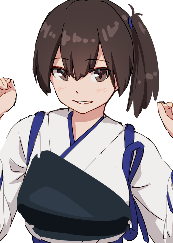 1girl 4690_(tkpbsk) bangs blush breasts brown_eyes brown_hair hair_between_eyes japanese_clothes kaga_(kancolle) kantai_collection looking_at_viewer muneate one-hour_drawing_challenge parted_lips ponytail side_ponytail simple_background sketch solo tasuki upper_body white_background
